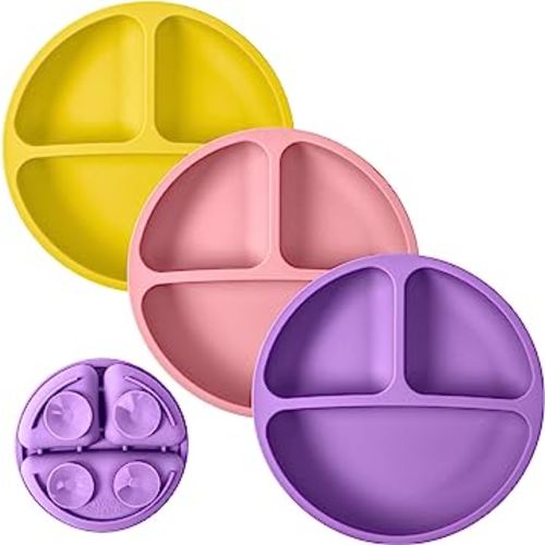 WeeSprout Suction Plates for Babies & Toddlers - 100% Silicone, Dinnerware Stays Put, Divided Design for Picky Eaters, Microwave & Dishwasher Friendly, 3 Pack