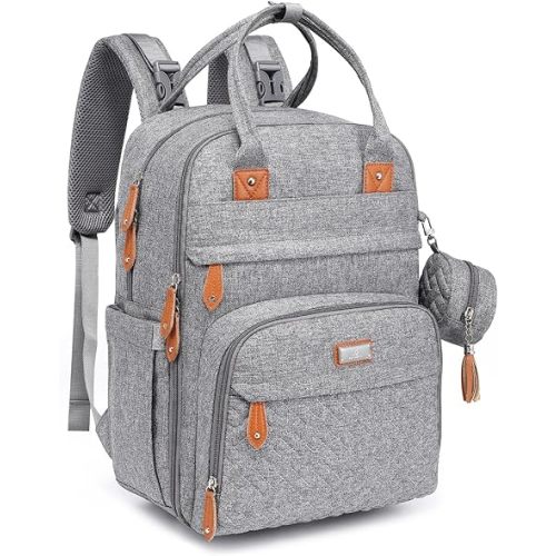 BabbleRoo Diaper Bag Backpack - Baby Essentials Travel Tote - Multi Function Water Resistant Diaper Bag, Travel Essentials Baby Bag with Changing Pad, Stroller Straps & Pacifier Case - Light Gray