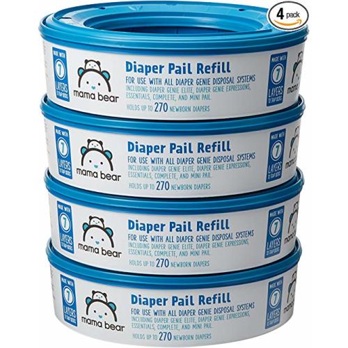 Amazon Brand - Mama Bear Diaper Pail Refills for Diaper Genie Pails, 1080 Count (Pack of 4) - 270 Count (Pack of 4) - Single