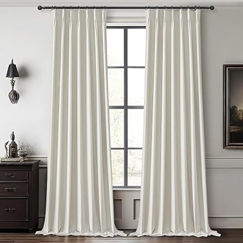 Linen Pinch Pleated Blackout Curtains Beige White Room Darkening Curtains 96 Inches Long, Neutral Modern Window Thermal Black Out Drapes for Sliding Glass Doors/Bedroom/Living Room(40" Wx96 Lx2Panels)