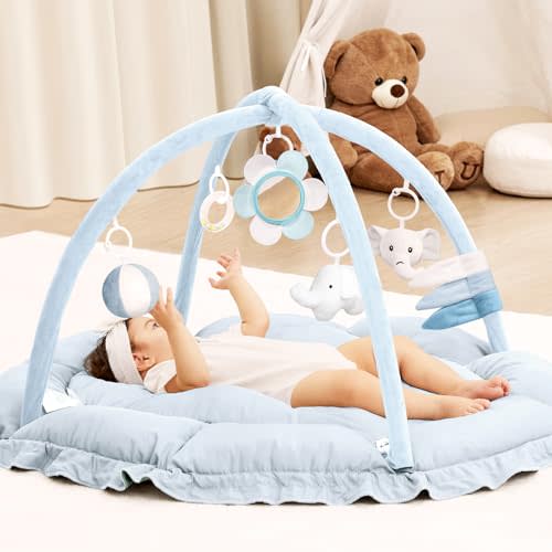 ANGELBLISS 5 in 1 Baby Play Gym Mat, Reversible Tummy Time Mat with 5 Sensory Toys for Stage-Based Developmental, Thick & Large Baby Activity Center from Newborn to Toddler (Light Blue)