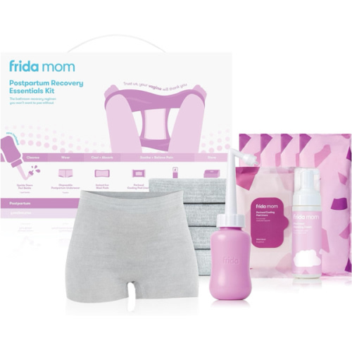 Frida Mom 11pc Postpartum Essentials Kit Gift Set, Hospital Bag Must Haves for New Mom, Includes 4 Disposable Postpartum Underwear, 4 Ice Maxi Pads, Perineal Healing Foam & 24 Pad Liners & Peri Bottle