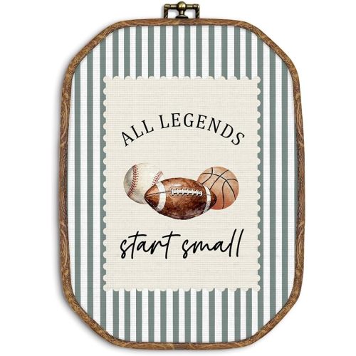 ZIKZAUDOU Vintage Sports Nursery Octagon Wall Art Framed, Football Baseball Basketball Canvas Prints Wall Decor, All Legends Start Small Hanging Decor for Kids Boys Room Nursery Playroom, 10.2x7 Inch