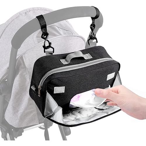 TRENDPLAY Small Diaper Bag, Mini Stroller Organizer Caddy with Wipe Pockets Caddy Parent Console with Stroller Straps Fit All Strollers, Black