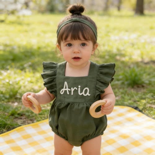 Baby Girl Embroidered Linen Romper, Personalized Baby Ruffle Romper, Custom Name Romper, First Birthday Outfit, Organic Cotton Bubble Romper