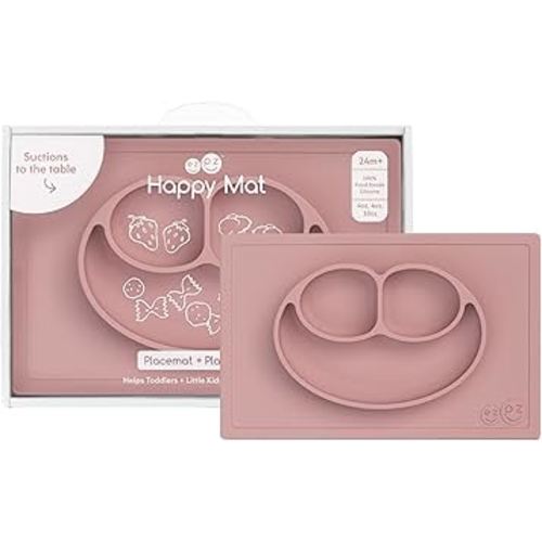 ezpz Happy Mat - 24 Months+ (Blush) - 100% Silicone Suction Plate with Built-in Placemat for Toddlers + Preschoolers - Divided Toddler Plates - Toddler Essentials