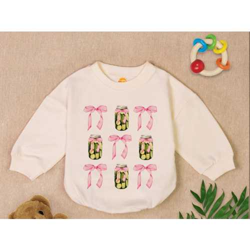 Pickle Coquette Romper Sweatshirt, Coquette Bow Romper, Just a Girl Who Loves Pickles, Pickle Jars Bows Baby Outfit, Baby Shower Gift