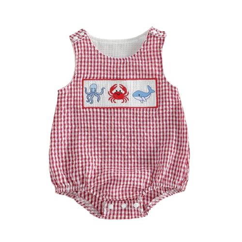 GOOCHEER Newborn Baby Boy Girl Summer Outfit Sailboat Lobster Smocked Bubble Romper Sleeveless Plaid Striped Bodysuit Clothes