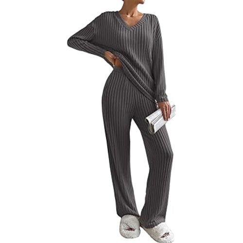 SHEWIN Women's Pajama Sets Long Sleeve Short Sleeve 2 Piece Lounge Sets Ribbed Knit Sweater Sleepwear