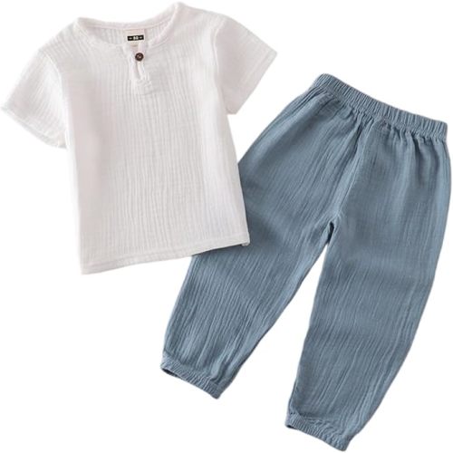 Boy/Girl Cotton Linen Outfit Summer Clothes Set Button down Shirt Top Solid Linen Pants 2pcs Toddler Set