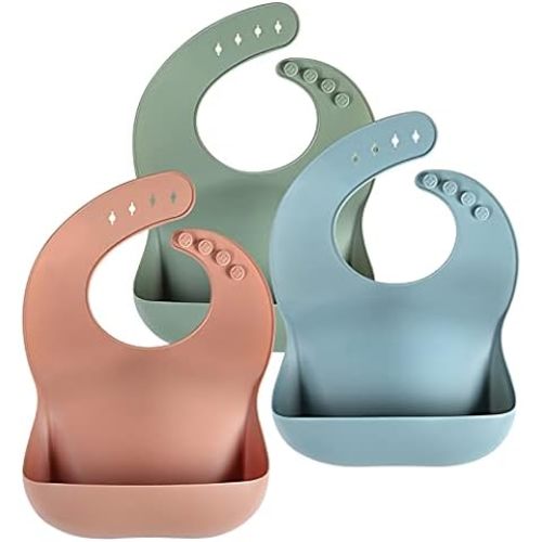 PandaEar Set of 3 Silicone Baby Bibs Waterproof, Soft, Unisex, 10-72 Months (Brown/Blue/Green)