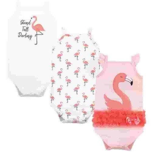 Little Treasure Baby Girl Cotton Bodysuits 3pk, Flamingo, 9-12 Months