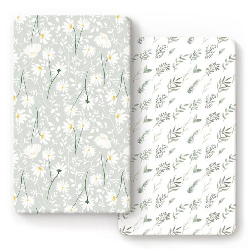 Stretchy Ultra Soft Jersey Knit Fitted Crib Sheets Set 2 Pack, Fit All Standard Crib Mattress Pads, Breathable Crib Sheet for Girls, Watercolor Daisy Flowers