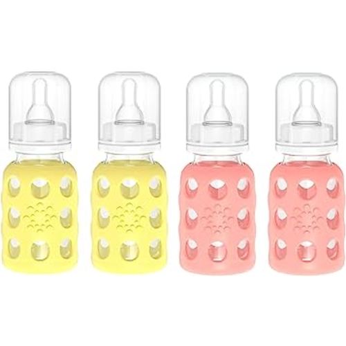 Lifefactory Glass Baby Bottles with Silicone Protection - 4-Pack, 4 oz Each Bottle (2- Banana & 2- Cantaloupe)