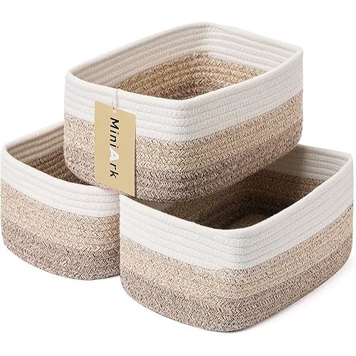 Small Storage Baskets for Organizing | Closet Organizer Bins | Shelf Toy Basket | Woven Rope Baskets | Cube Decorative Box | Shallow Basket |11.5x7.5x4.7”| 3 Packs Gradient Brown
