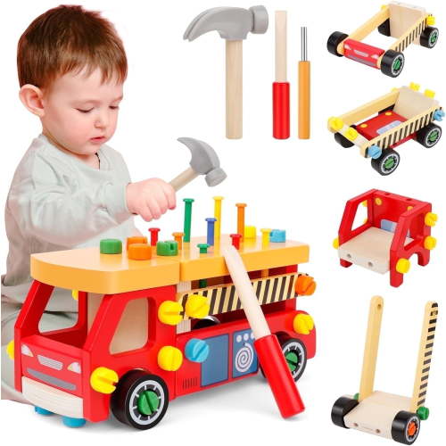 Kids Tool Set for Boys, Wooden Toddler Tool Bench Montessori Toys for 2+Year Old, 62 Pcs Construction Educational Pretend Play for Age 2-5 Birthday Gift