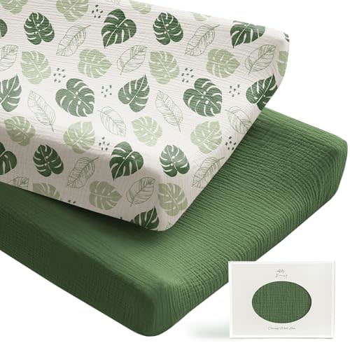 Konssy 2 Pack Muslin Changing Pad Covers for Boys, Ultra Soft & Breathable Cotton Baby Diaper Changing Table Covers, Neutral Nursery Diaper Changing Pad Sheets (Sage Green,Leaf)