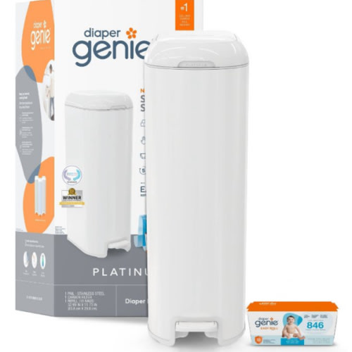 Diaper Genie Platinum Stainless Steel Diaper Pail with Easy Roll Refill Bags - White, Unscented