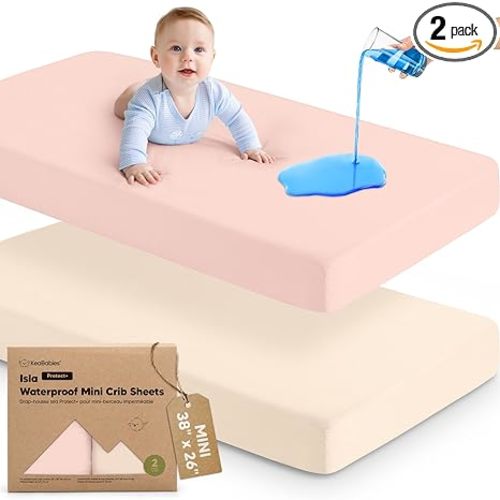 2-Pack Waterproof Pack and Play Sheets, Mini Crib Sheets Fitted for Boy, Girl - 38 x 26 Viscose from Bamboo Pack N Play Mattress Sheets for Graco, Toddler Playard Baby Crib Sheets Neutral (Cameo)