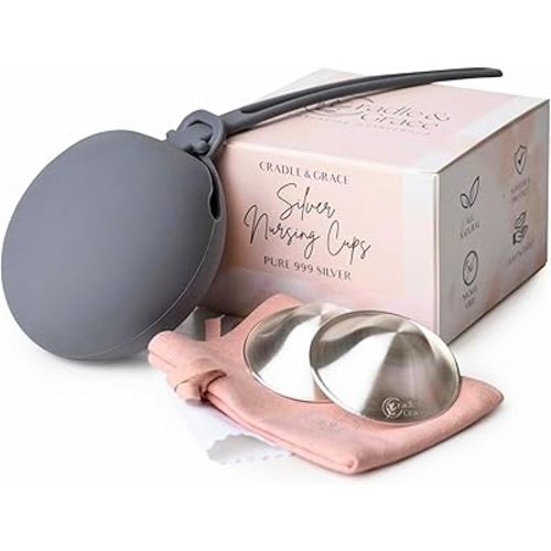 Cradle & Grace Pure 999 Silver Nursing Cups with Gray Carrying Case, Silver Nipple Shields for Breastfeeding Newborn, Silver Nipple Covers Breastfeeding Kit, Regular