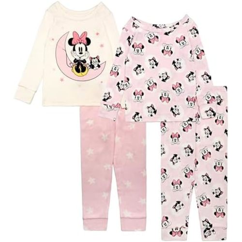 Disney Girls' 4-Piece Snug-fit Cotton Matching Pajama Set, Soft & Cute for Kids