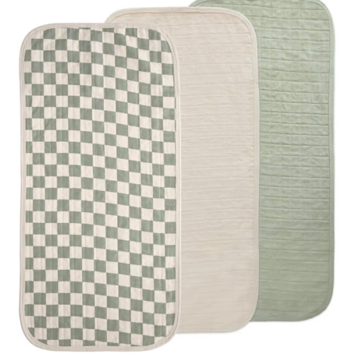 mushie Waterproof Changing Pad Liners | 100% Organic Cotton | Set of 3 (Olive Check Combo)