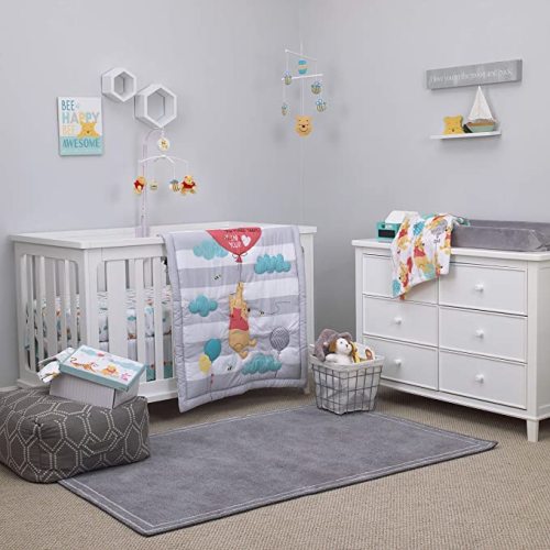 Disney Winnie The Pooh First Best Friend 4 Piece Nursery Crib Bedding Set, Aqua/Grey/White/Red, 4 Piece Set (Pack of 1)