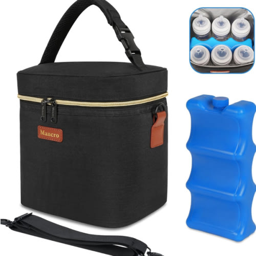 Mancro Breastmilk Cooler Bag with Ice Pack, Fits 6 Baby Bottles Up to 9 Ounce Insulated Bottle Bag, Breast Milk on The go Strap, for Nursing Mom Daycare, Black