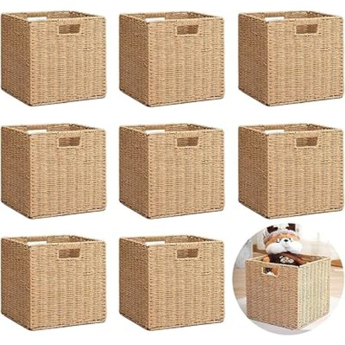 8 Pack 11.8 Inch Wicker Storage Cubes, Hand Woven Paper Rope, Foldable Cube Storage Bins Organizer Square Shelf Baskets Pantry Organizing & Decor (Natural)