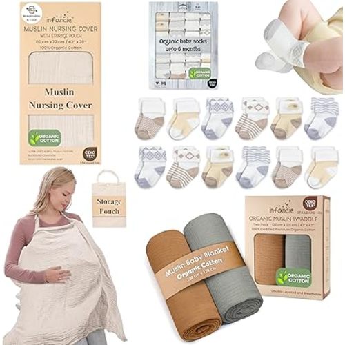 Infancie Baby Blanket, Organic Nursing Cover & Baby Socks Bundle – Versatile Cotton Essentials for Moms & Newborns