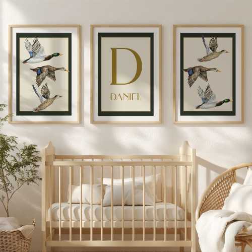 Mallard Duck Nursery Decor Boy Hunting Nursery Wall Art Set of 3 Custom Name Print Duck Hunting Print Personalized Name Monogram Nursery Art