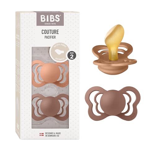 BIBS Couture Baby Pacifier 2-Pack | Made in Denmark | BPA Free Dummy Soother, Anatomical Nipple. Natural Rubber Latex, Size 2 (6-18 Months), Peach/Woodchuck