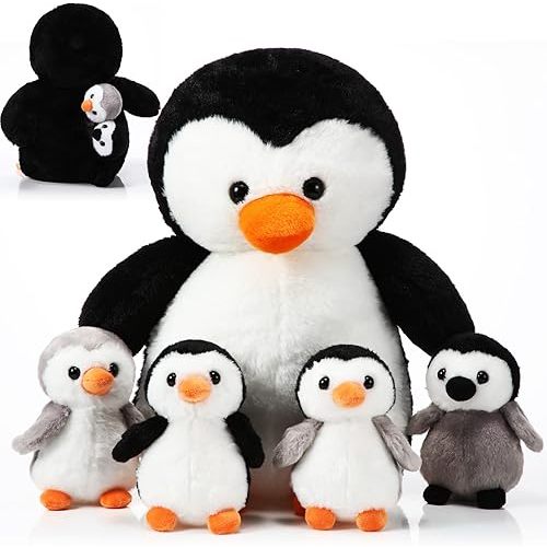 5 Pcs Penguin Plush Toy Set 14 Inch Mommy Penguin Stuffed Animal with 4 Cute Babies in Zippered Belly Soft Cuddly Plushie for Kids Birthday Gifts Party Favors(Lovely Style)