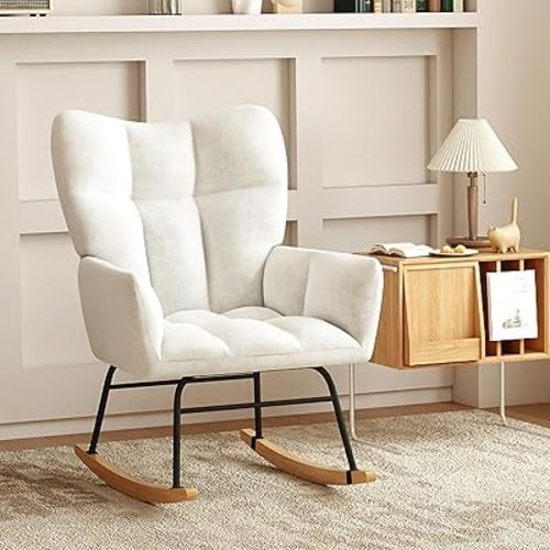Rocking Chair Nursery, Nursery Rocking Chairs, Baby Rocker, Glider Rocker, Safety Anti Tip Design, 440 Lb. Capacity, Cotton Fabric Cover, White