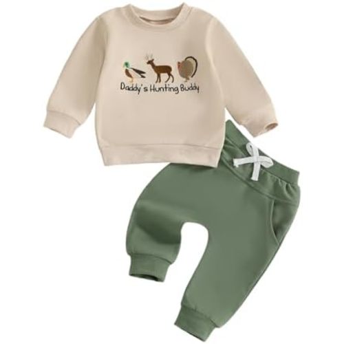 Bagilaanoe Fall Toddler Baby Boy Outfit Daddy’s Hunting Buddy Long Sleeve Shirt Pullover Sweater Top Jogger Pants Set
