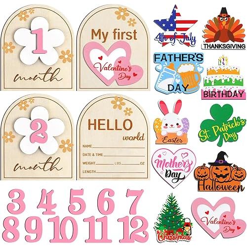 23 Pcs Baby Monthly Milestone Cards My First Holiday Wood Milestone Signs First Halloween Fall Thanksgiving Day Interchangeable Number Set Baby Announcement Wood Discs for Newborn Growth Recording