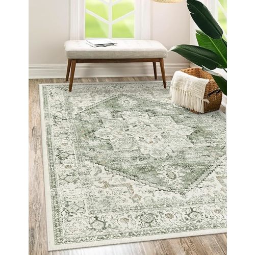 LIVEBOX Washable Area Rug 5x7 - Large Vintage Tribal Living Room Non-Slip Indoor Carpet for Bedroom, Low-Pile Retro Print Distressed Accent for Nursery Entryway Office, Sage
