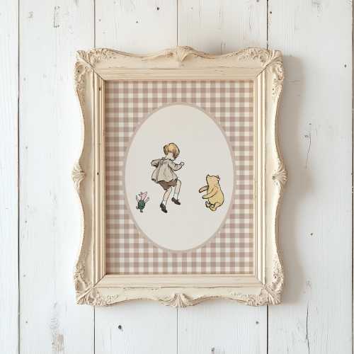 Classic Winnie-the-Pooh Nursery Wall Art with Vintage Style Gingham Border, Neutral Baby Room Print, Unframed