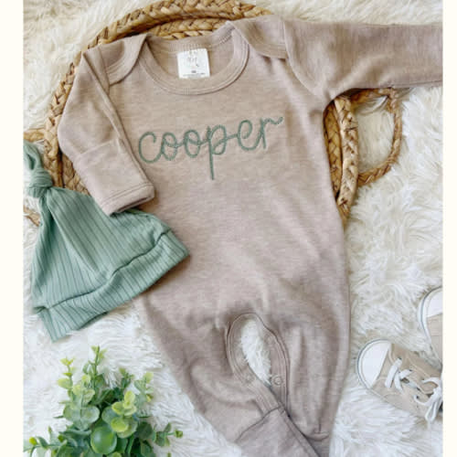Personalized Newborn Baby Boy Outfit | Mocha Romper Dark Sage Green Ch – Wonderfully Made