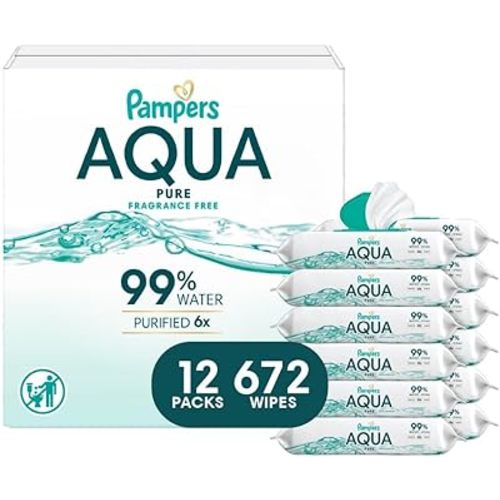 Pampers Aqua Pure Baby Wipes, 99% Water, Fragrance Free, 672 Baby Wipes Total (12X Flip-Top Packs) [Packaging May Vary]