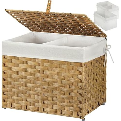 GREENSTELL Storage Basket with Lid, 9.2 Gallon(35L) Small Wicker Storage Basket with Handles, Foldable, 2 Removable Liner Bags, Metal Frame, for Bedroom, Laundry Room, Natural,15.7"*11.8"*11.8"