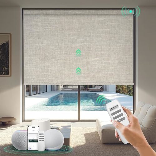 100% Blackout Motorized Roller Shades, Smart Blinds for Windows, Remote Automatic Window Shades, Electric Shades, Compatible with Alexa Google and Apple Home (Grace-Latte BO)