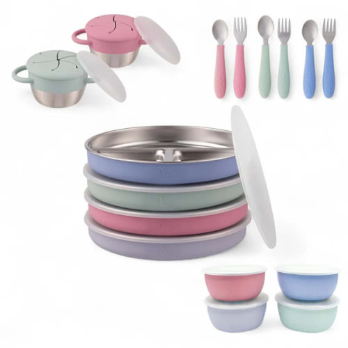 Stainless Steel Mealtime Bundle | Normal Sleeves | Plates, Bowls, Snack Cups + Toddler Utensils | 16 Pcs | Blush/Lilac/Sage/MistyBlue