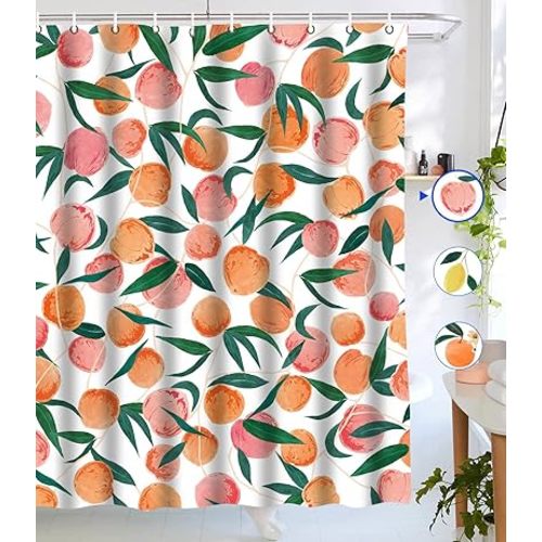 Lifeel Peach Shower Curtain, Allover Fruits Cute Bright Colorful Design Waterproof Fabric Bathroom Curtains Set with 12 Hooks, Peachy Pink 72×72 inch