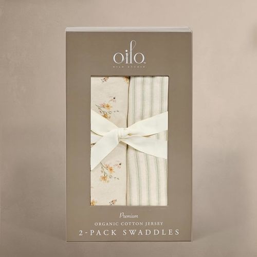 Oilo Premium Muslin Swaddle Blanket Set, Breathable 100% Organic Cotton 4-Way Muslin, Soft Large Receiving Blanket (46" x 46"), 2-Pack, Heirloom Organic Collection, Dainty Floral & Sea Moss Stripe