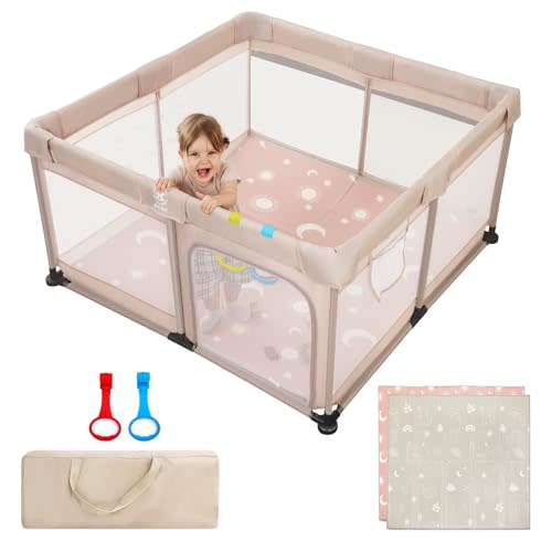 Joypony Baby Playpen with Mat for Babies and Toddlers - 47x47in Play Pen for Babies 6-12 Months, Play Yard for Toddlers 1-3, Indoors Pin Corrales para Bebes