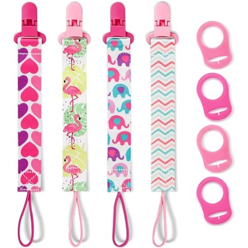 4 Pack Pacifier Clips for Boys Girls, Dummy Clips Baby with Adapters, Silicone Binky Clips for Baby Teething Toys Baby Shower (Pink)
