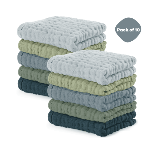 Comfy Cubs Baby Washcloths, Muslin Cotton Baby Towels, Large 10”x10” Wash Cloths (Multi Boy, Pack of 10)