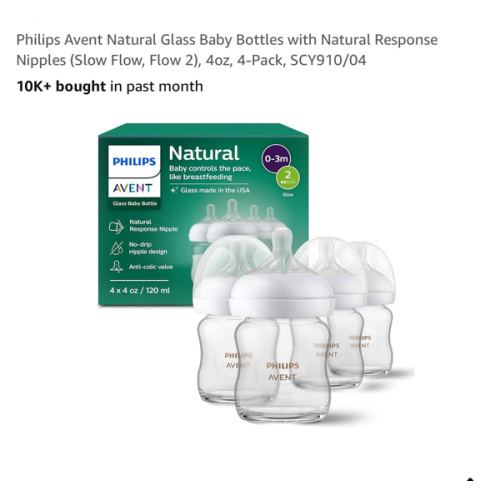 Philips Avent Natural Glass Baby Bottles with Natural Response Nipples (Slow Flow, Flow 2), 4oz, 4-Pack, SCY910/04