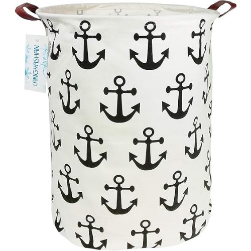 LANGYASHAN Laundry Basket Canvas Fabric Collapsible Organizer Basket for Storage Bin Toy Bins Gift Baskets Bedroom Clothes Children Nursery Hamper (Anchor)